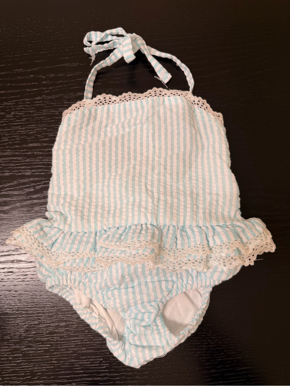 LTC Cotton Baby swimsuit in Mint & White Stripes with Lace Detail